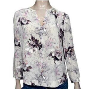 Rebecca Taylor 100% Silk Popover Blouse Neutral Florals Long Sleeve 6
